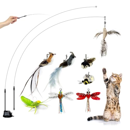 TTcat Cat Toys Suction Cup,2 Cat Wand Toys,8Pcs Birds and Insects Dragonfly Grasshopper Simulation Feather Refills with Bells, Interactive Cat Toys for Indoor Cats and Kitten. - color: Cat Suction Toys (8Refills)