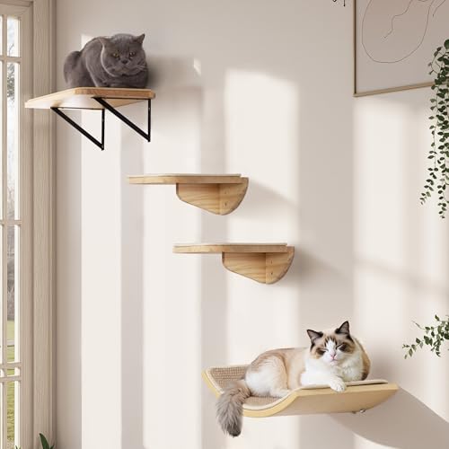 2PCS Cat Wall Shelves with Scratching Mat, 16.6x9.7 Inch Solid Pine Wood Wall Mounted Kitten Floating Shelf, Window Perch Hammock, Cats Wall Furniture for Cats Sleeping, Playing, Climbing - color: Wood Shelf, size: Double Shelf (2 Pieces)
