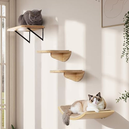 2PCS Cat Wall Shelves with Scratching Mat, 16.6x9.7 Inch Solid Pine Wood Wall Mounted Kitten Floating Shelf, Window Perch Hammock, Cats Wall Furniture for Cats Sleeping, Playing, Climbing - color: Wood Shelf, size: Double Shelf (2 Pieces)