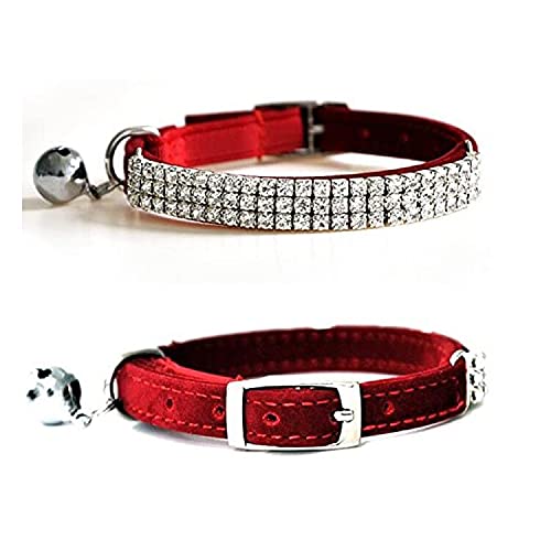 CHUKCHI Soft Velvet Safe Cat Adjustable Collar Bling Diamante with Bells,11 inch for Small Dogs and Cats (Red) - color: Red