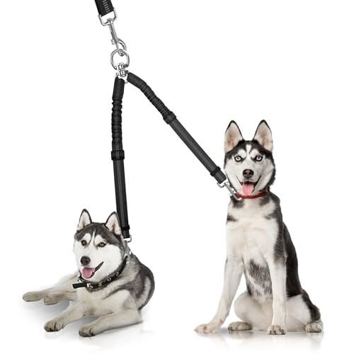 YAODHAOD Double Dog Leash,Two Dog Leash Splitter, No Tangle 360° Swivel Rotation Reflective Lead, Adjustable Length Bungee Heavy Duty Walking Training Dual Extension (Black) - color: Black