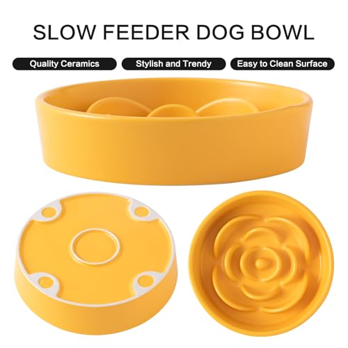 8.25'' Ceramic Slow Feeder Dog Bowls - Petal Shape Modern Dog Food Dish for Medium and Large Breeds, Puzzle Maze Bowl to Slow Down Eating, Anti-Gulping, Dishwasher & Microwave Safe, Yellow - color: Yellow, size: 8.25 inch