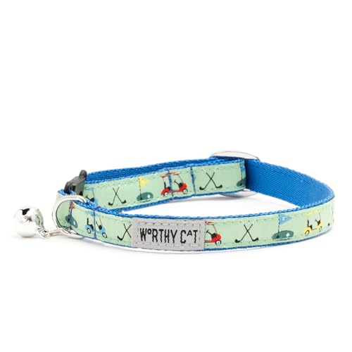 THE WORTHY DOG Golf Cat Collar with Bell, Adjustable Nylon Safety Collar, Green, One Size - color: Green-Golf