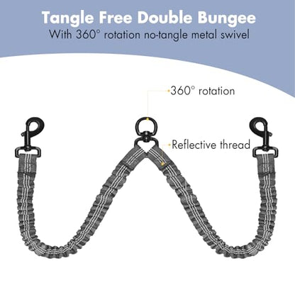 BAOBOTE Pet Double Dog Leash, Shock Absorbing Reflective Bungee Lead Walk 2 Dogs with Ease, 360° Swivel No Tangle Double Dog Walking & Training Leash, Dual Dog Leashs for 6-120lbs Dogs (Grey) - color: Grey