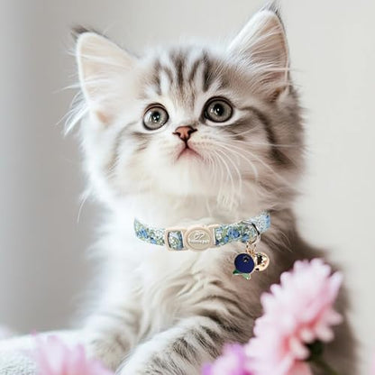 2 Pack Spring Summer Cat Collars - Cute Breakaway Cat Collar with Bell, Bluberry and Strawberry Pendant, Adjustable Kitten Collars for Girl Cats, Pastel Floral Fruit - color: Bluberry and Strawberry