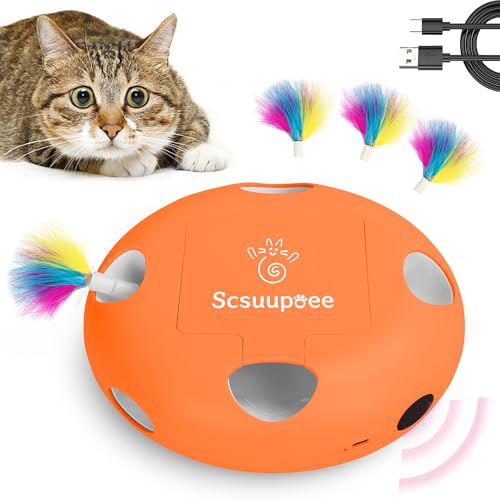 2-in-1 Rechargeable Interactive Cat Toy, Smart Sensor Pop-Up Feather Toy with 7 Holes, USB Powered Automatic Kitten Toy for Indoor Cats, Orange - color: orange