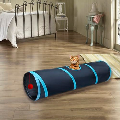 Cat Tunnel Tube Toys，Tunnels for Indoor Cats, 2 Way Blue Collapsible Interactive Toy with Balls for Rabbits, Kittens, Ferrets, Puppy - color: 2 Way Black Blue