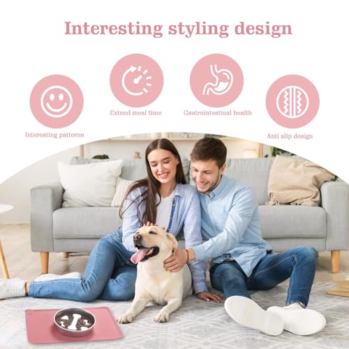 Stainless Steel Slow Feeder Dog Bowls – Non-Slip Metal Dog Bowl for Large & Medium Breeds, Puppy Puzzle Feeder – 2 Cup Capacity for Small to Big Pets – Durable Slow Feed Dog & Cat Food Dish with Mat - color: Bone&Heart With Mat-Pink