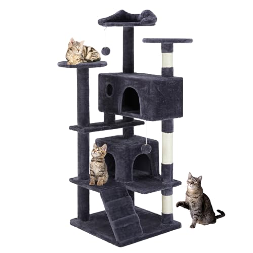 Sweetcrispy 54 Inch Cat Tree Tower, Multi-Level Tower with Cat Scratching Post, Indoor Cat Condo with Climbing Ladder, Plush Toy, Play House for Cat, Dark Grey