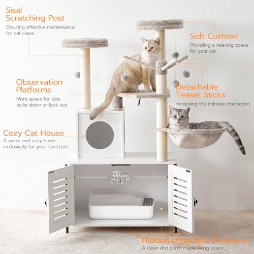HOOBRO Cat Tree with Scratching Posts, Cat Tower Litter Box Enclosure Furniture for Indoor Cats, All-in-One Wooden Cat House Condo with Cat Hammock, Detachable Teaser Sticks, White BW14MZ03 - color: White