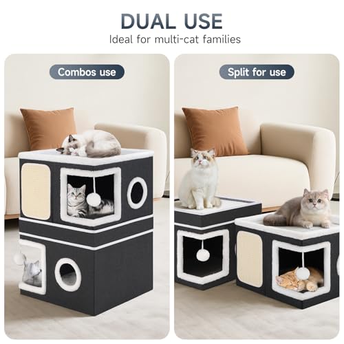 2-Storey Cat House for Indoor Cats, Separate Into 2 Large Cat Bed Cave with Hideaway Condos, Scratch Pads, Hanging Balls, Foldable Indoor Cat House, Cat Cube for Multiple Cats Kitten, Black - style: Black