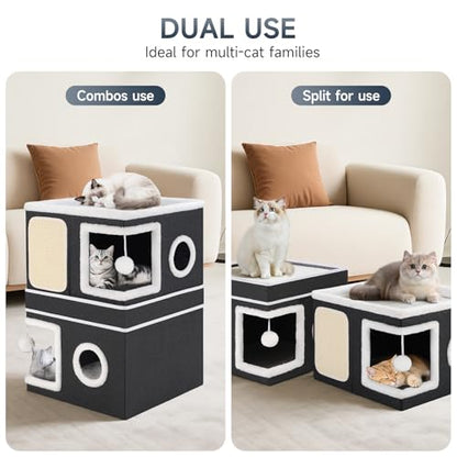 2-Storey Cat House for Indoor Cats, Separate Into 2 Large Cat Bed Cave with Hideaway Condos, Scratch Pads, Hanging Balls, Foldable Indoor Cat House, Cat Cube for Multiple Cats Kitten, Black - style: Black