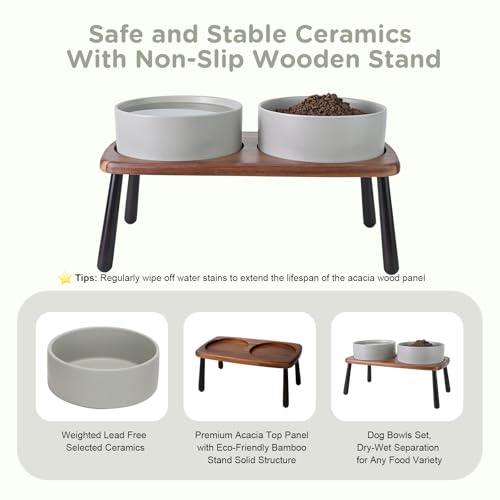 SPUNKYJUNKY Ceramic Elevated Dog Bowls Raised with Acacia Bamboo Wooden Stand, 8.3'' Dog Food Water Bowls Set Non-Slip for Medium Large Sized Breed Microwave Dishwasher Safe - 60 OZ,Grey - color: Grey, size: 8.3 in - Dual
