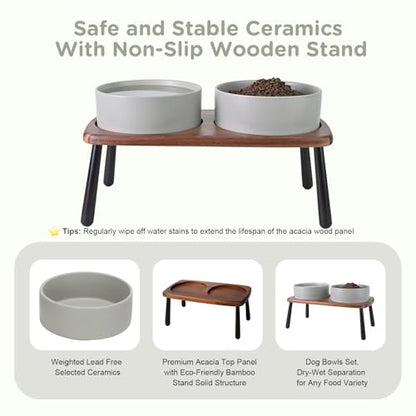 SPUNKYJUNKY Ceramic Elevated Dog Bowls Raised with Acacia Bamboo Wooden Stand, 8.3'' Dog Food Water Bowls Set Non-Slip for Medium Large Sized Breed Microwave Dishwasher Safe - 60 OZ,Grey - color: Grey, size: 8.3 in - Dual