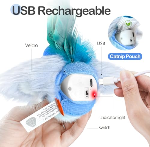 Migipaws Interactive Flapping Bird Cat Toys with Rod, clamp, Elastic String and Catnip, Automatic Chirping Toys for Indoor Cats to Chase, Hanging Feathers for Kitten to Self Play,Rechargeable(Blue) - color: Blue