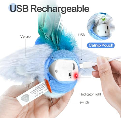 Migipaws Interactive Flapping Bird Cat Toys with Rod, clamp, Elastic String and Catnip, Automatic Chirping Toys for Indoor Cats to Chase, Hanging Feathers for Kitten to Self Play,Rechargeable(Blue) - color: Blue