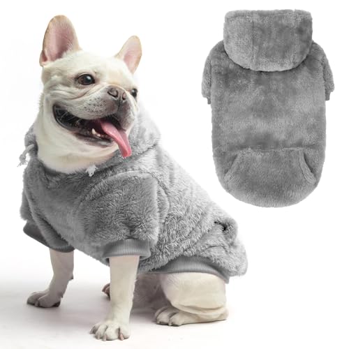 SCENEREAL Fleece Dog Sweaters Hoodie for Small Medium Large Dogs Girls Boys, Plush Fuzzy Dog Clothes Hoodies with Leash Hole, Winter/Fall Puppy Cold Weather Coat, Sherpa Hooded Sweatshirt, Grey M - color: Grey, size: Medium