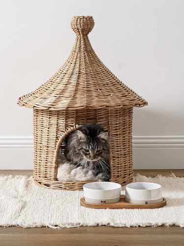 LE TAUCI PET Ceramic Dog and Cat Bowls Set with Acacia Wood Tray - 2 Cup Weighted Non-Slip Food and Water Dishes for Small Dogs & Cats, Pet Bowl Set of 2 - size: S-2 Cups