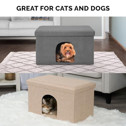 Furhaven Pet House for Indoor Cats & Medium/Small Dogs, Collapsible & Foldable w/Plush Ball Toy - Living Room Ottoman Cat Condo - Sand, Large