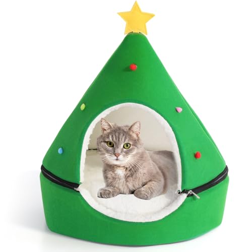 Beeveer Green Christmas Tree Cat House - 2 in 1 Foldable Cat Bed Tent with Self Warming Feature