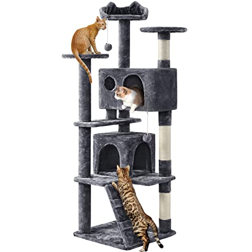 Yaheetech 62in Cat Tree Cat Tower for Indoor Kitty, Pet Furniture w/Double Condo, Scratching Posts, Multiple Platforms and Balls for Kittens, Dark Gray - color: Dark Gray, size: 62in