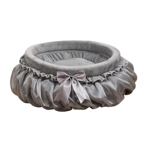 Soft Plush Princess Pet Bed with Bow-Tie & Lace - Round Cushion Sofa for Small Dogs, Kittens & Puppies(Gray,21.65''X5.51''X21.65'') - color: Gray, size: 21.65''X5.51''X21.65''