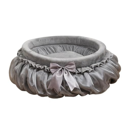 Soft Plush Princess Pet Bed with Bow-Tie & Lace - Round Cushion Sofa for Small Dogs, Kittens & Puppies(Gray,21.65''X5.51''X21.65'') - color: Gray, size: 21.65''X5.51''X21.65''