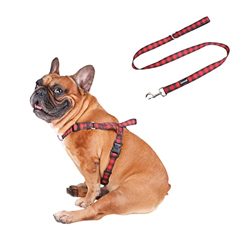 iChoue French Bulldog Harness and Leash Set Adjustable Locked Buckle with Handle for Frenchie Pug English Boston Terrier Dogs, Red Grid, Small - color: A Harness with Leash Red Grid, size: Small ( 5 - 25 lbs )