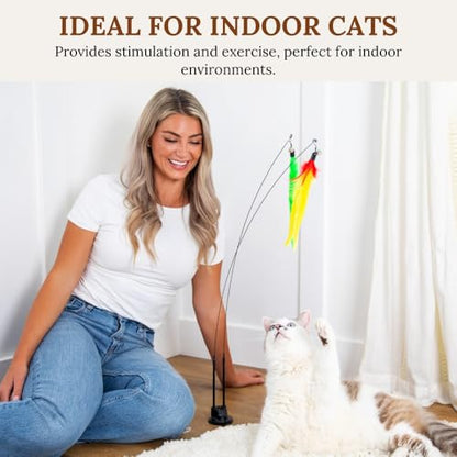 Cat Wand Toy for Indoor Cats - 43 Inch Retractable Fishing Pole Teaser - 9 Feather Attachments - Weighted Round Base - Suction Cup Mount - Bored Adult Feline Hunting Exercise - Kitten Juguetes Set - color: Meow Motion Bundle