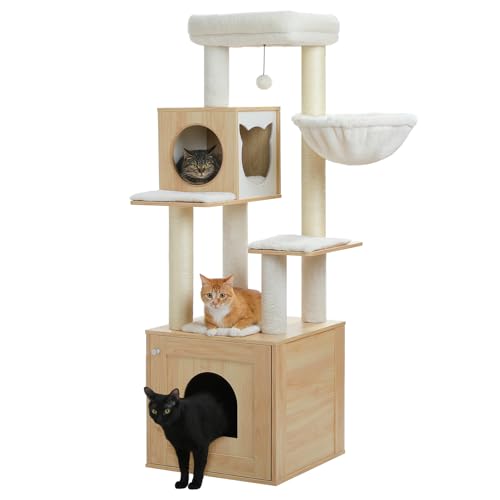 PEQULTI 57.5" Cat Tree with Litter Box Enclosure Large, Wood Cat Tower for Indoor Cats with Storage Cabinet and Cozy Cat Condo, Sisal Covered Scratching Post and Repalcable Dangling Balls, Beige - color: Beige, size: 58''
