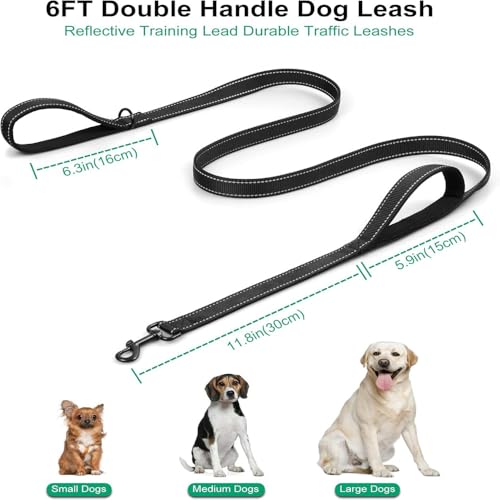 Heavy Duty No Pull Dog Leash for Large Medium Dogs, Dual Two Padded Handle Shock Absorbing Reflective Pet Leash, Adjustable Training Lead for Walking - Black