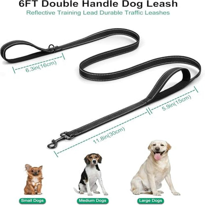 Heavy Duty No Pull Dog Leash for Large Medium Dogs, Dual Two Padded Handle Shock Absorbing Reflective Pet Leash, Adjustable Training Lead for Walking - Black