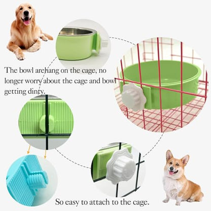 kathson Crate Dog Bowl 2pcs, Removable Stainless Steel Hanging Pet Kennel Cage Bowl Food & Water Feeder Coop Cup for Puppy, Cat, Rabbit, Guinea Pigs (2 PCS, Size: L, Blue and Green) - color: Size: L (Blue, Green), size: 2 PCS