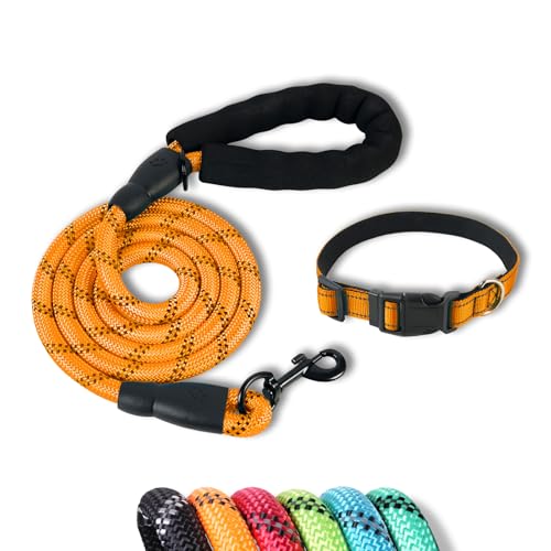 5FT Dog Leash with Adjustable Dog Collar Set，Strong Reflective Training Lead Rope Soft Padded Handle for Medium Large Dogs Heavy Duty Walking, Running, Night Safety (Orange, L) - color: Orange, size: L