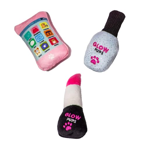 Glow Pups Plush Dog Toy Set, Squeaky Lipstick, Cell Phone and Nail Polish Dog Toys, Crinkle Material, Interactive Fun, Puppy Teething Toys, Pink/Fuchsia (3 Pack) - style: 3 Pack: Lipstick, Cell Phone and Nail Polish Dog Toys
