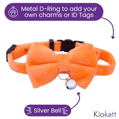 Velvet Bowtie Cat Collar with Bell – Adjustable Breakaway Orange Cat Collar for Adult Cats (7–11 in) - color: Orange