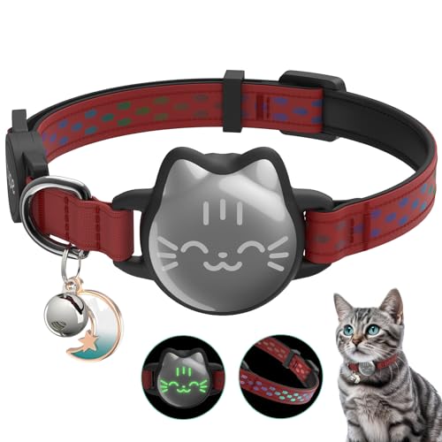 Waterproof Airtag 2nd & 1st Cat Collar, Breakaway Cat Airtag Collar with Luminous & Reflective Pattern Strap, Lightweight Kitten Collar for Apple Air tag, Hidden Holder for GPS Tracker - Cats, Kittens - color: Red
