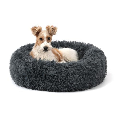Calming Donut Dog Bed for Small to Medium Dogs & Cats - Plush Faux Fur Anti-Anxiety Pet Bed with Machine Washable Cover & Non-Slip Base - color: Dark gray, size: Small 19.6''