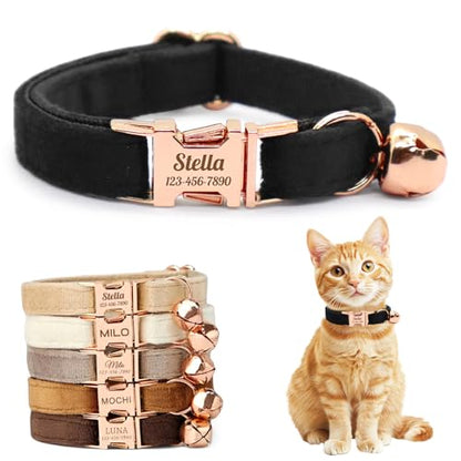 Personalized Non-Breakaway Cat Collar with Name, Luxury Soft Velvet Custom Engraved Name Collar with Bell for Kittens & Cats (Black, S (6.5-10.5 inches)) - color: Black, size: S (6.5-10.5 inches)