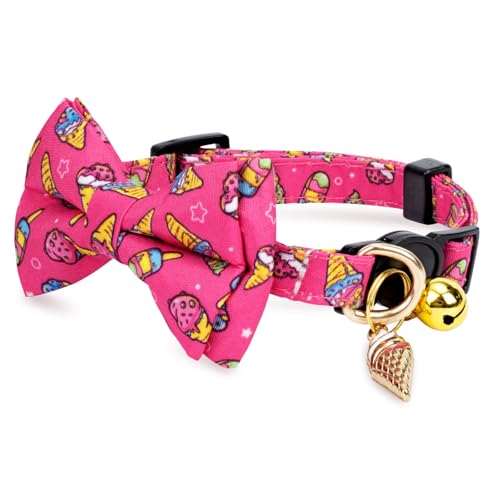 2 Pack Cotton Cat Collar with Bow Tie and Bell for Girl Boy Cats,Cute Pink Flamingo and Blue Whale Pattern Spring Summer Breakaway Cat Collar for Male Female Cats (Ice Cream) - color: Ice Cream