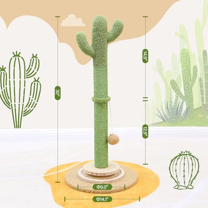 Globlazer Tall Scratching Post for Cats, Cactus Cat Scratching Post Cat Scratcher Cute Sisal Large Cat Scratching Post with Modern Wooden Ball Tracking Interactive Toys, SC30