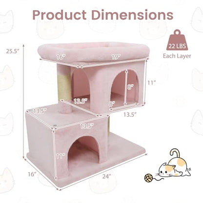 Tangkula Small Cat Tree for Indoor Cats, 25.5 Inch Cat Tower with Sisal Scratching Posts, 2 Large Cat Condos with Padded Top Perch, Modern Cat Climbing Furniture for Adult Cats & Kittens (Pink) - color: Pink