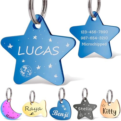 Anavia Small Size Dog Cat ID Tags, Small/XS Personalized Color Plated Stainless Steel Puppy Kitten Name Tags, Customized Engraved Nameplate Pet Collar Tag (Blue, Star) - color: Blue, size: Regular-Star