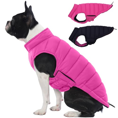 Lelepet Reversible Dog Coat Waterproof Dog Jacket Windproof Puffer Vest for Winter Warm Lightweight Coats for Small Dogs Adjustbale Hook & Loop Pet Apparel with Leash Hole, Pug, Rose Red, M - color: Rose Red, size: Medium