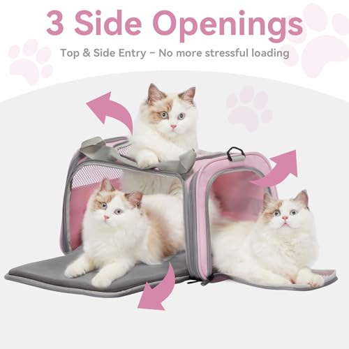 Airline Approved Cat Carrier 17.5×10.5×10.5 in, Escape-Proof Design with Locking Zippers & Safety Leash, Easy-Access 3-Way Entry, Washable Mat, Gift-Ready Holiday Choice for Cats up to 12 lb - color: Pink, size: Medium
