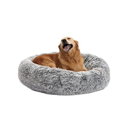 Bedfolks Calming Donut Dog Bed, 36 Inches Round Fluffy for Large Dogs, Anti-Anxiety Plush, Machine Washable (Dark Grey, Large) - color: Dark Grey, size: 36.0"L x 36.0"W x 8.0"Th