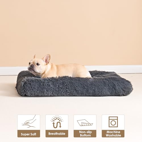 EHEYCIGA Fluffy Dog Crate Bed for Small Dogs, Plush Faux Fur Crate Pad, Calming Anti Anxiety Small Dog Bed, Washable Soft Warm Mat with Non-Slip Bottom, Dark Grey - color: Dark Grey, size: 23.6 x 17.5