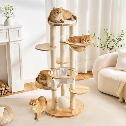 797Audio Modern Solid Wood Cat Tree Tower, 54" Tall Cat Tree with Scratching Posts, Capsule&Hammock, Luxury Natural Oak Wood Cat Tower, Aesthetic Multi-Level Cat Climbing Tree for Large Indoor Cats - color: 54 Inch-Scratch Ball