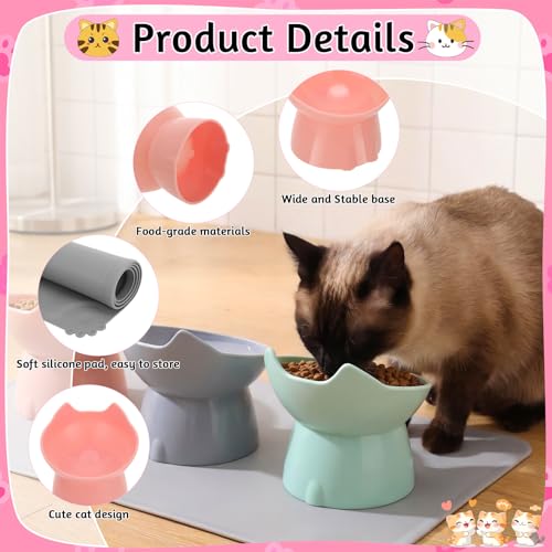 3 Pcs Elevated Cat Bowls 15°Raised Cat Food Bowl with Silicone Mat Whisker Friendly Anti Vomiting Cats Dishes Pet Food and Water Bowls for Indoor Cats Kittens, Pink, Green, Gray - color: Pink, Green, Gray