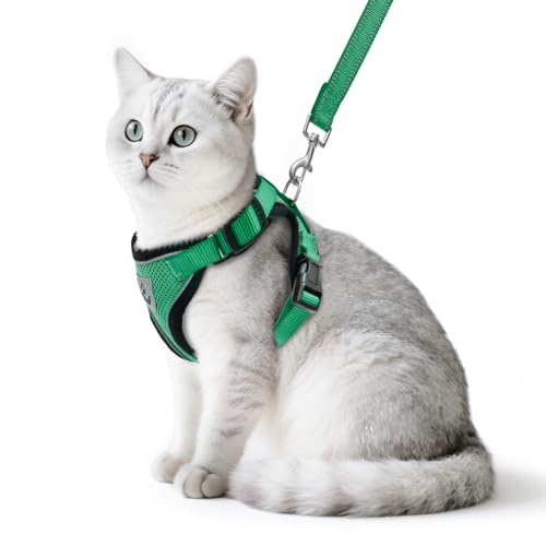PUPTECK Cat Harness and Leash Set Escape Proof Reflective Cat Walking Harness Adjustable Soft Breathable Mesh Vest for Small Pets, Dark Green, S - color: Dark Green, size: S (NECK 9.5"-11", CHEST 13"-16")